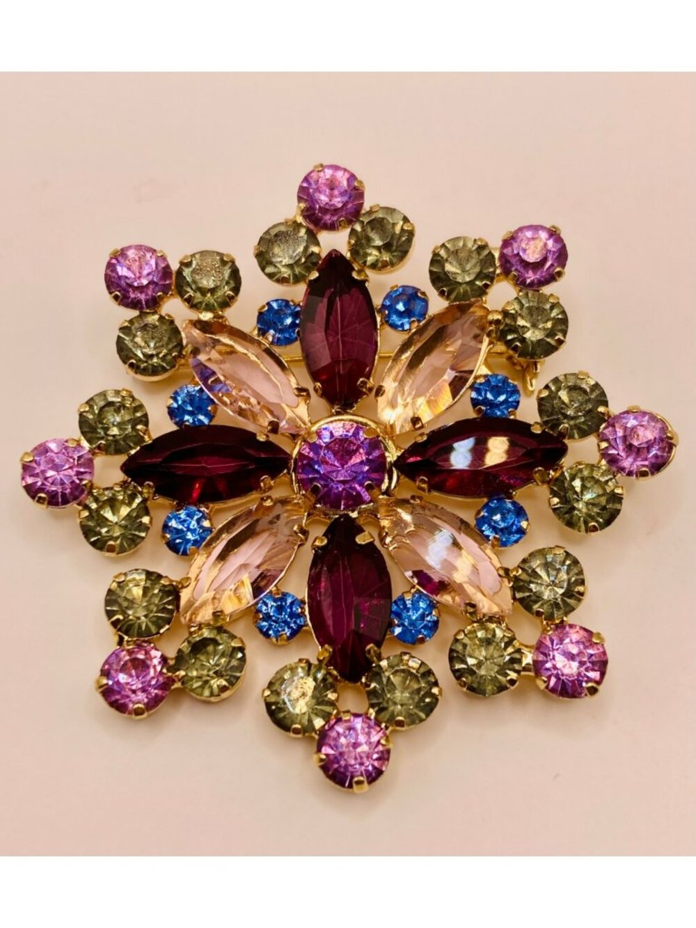 Gold-Tone Rhinestone Brooch Crystals - Purple Pink Blue & Green Starburst -92B